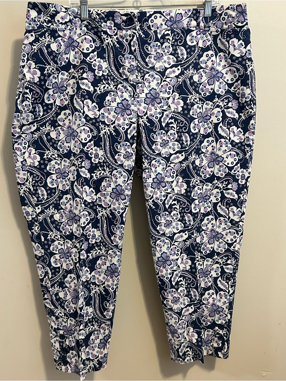 Talbots Perfect Crop Pants 18W Plus Blue Purple Floral Paisley Cotton Stretch